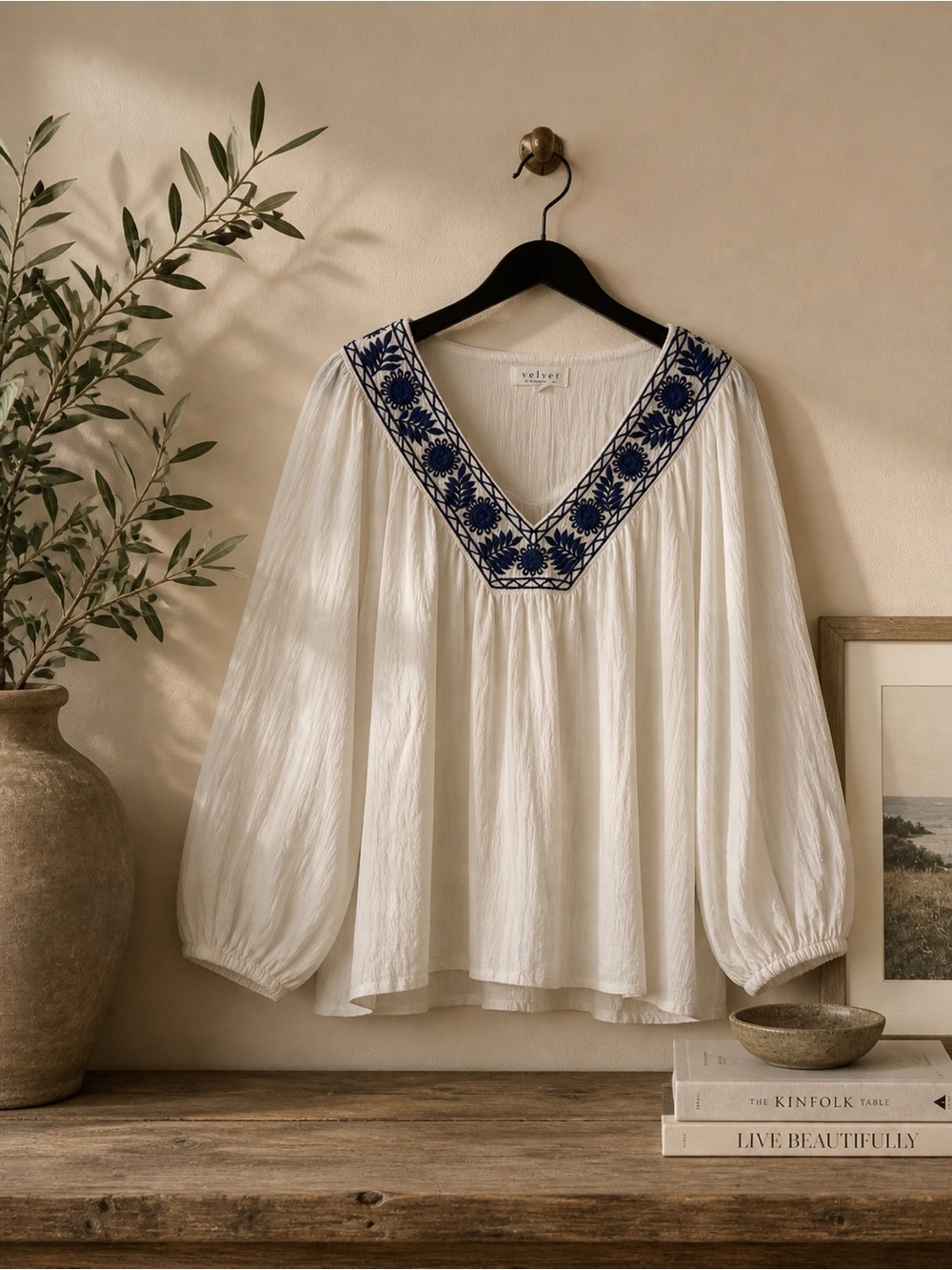 Velvet by graham & spencer Embroidered V-Neck Peasant Blouse - white-with Navy - Picture 2 of 5